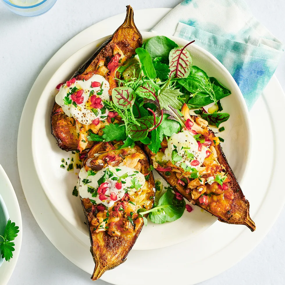 Papoutsakia-eggplant-with-shredded-roast-chicken-and-mozzarella
